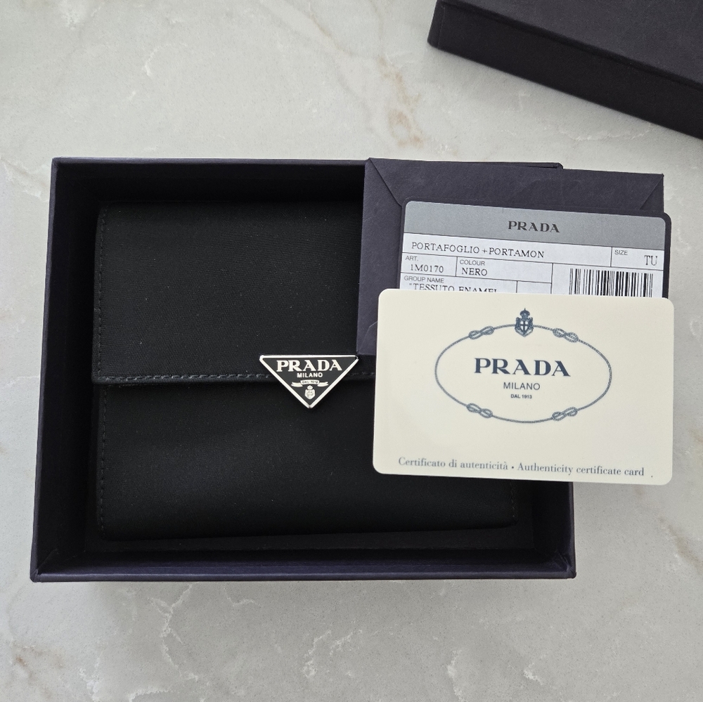 PRADA Authentic Nylon and Saffiano Leather Trifold Prada Wallet (Portafoglio)